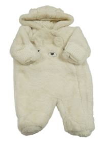 Smotanová kožušinová zateplená kombinéza s medvedíkom a kapucňou Nutmeg