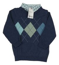 Nové - Tmavomodrý károvaný svetr se všitou košilí Next