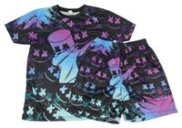 2set - Černo-modro-purpurové sportovní tričko + kraťasy s potiskem