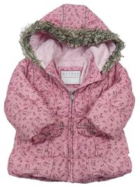 Ružová šušťáková zimná bunda so sovičkami a kapucňou s kožešinou NUTMEG