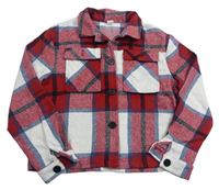 Červeno-bielo-modro-tmavomodrá kockovaná košeľová crop bunda SHEIN