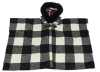 Čierno-biele kockované vlnené pončo s kapucňou s kožešinou St. Bernard
