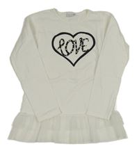 Bílé mikinotriko so srdiečkom s nápisom s perlami a tylovymi volániky Barmy