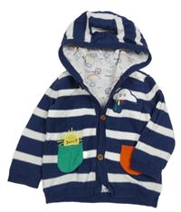 Tmavomodro-bílý pruhovaný propínací podšitý svetr s obláčkem a duhou a kapucí Mothercare