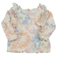 Bílo-modré-růžovo-broskvové batikované žebrované triko s volánky