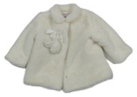 Smotanový kožušinový zateplený kabát s mašlou a bambulkami a golierikom MINOTI