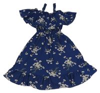 Tmavomodré letní šaty s kytičkami a volánkem