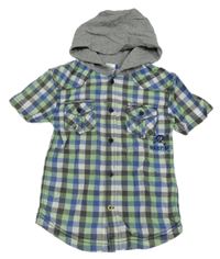Zeleno-modro-bílo-khaki kostkovaná košile s lebkou a kapucí URBAN RASCALS