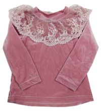 Staroružová zamatová mikina s čipkovým volánikom