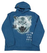 Petrolejová melírovaná mikina s vlkem a nápisy a kapucí C&A