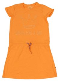 Kriklavoě oranžové melírované šaty s korunkou a nápisom HEMA