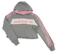 Šedo-bílá crop mikina s logem a kapucí Adidas