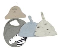 3set - Světlemodrá žebrovaná čepice + bílá bavlněná s mraky a slony + šedý melírovaný slinták se zebrou