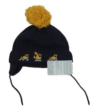 Nové - Tmavomodrá vlněná čepice s bagry a bambulí Jojo Maman Bébé