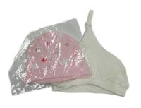 2x bavlněná čepice - smetanová žebrovaná + růžová s hvězdami