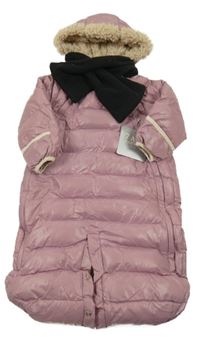 Nové - 2set - Starorůžový šusťákový zimní fusak/kombinéza s kapucí + čierne flecová šál