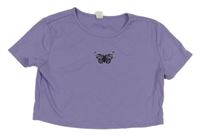 Levandulové rebrované crop tričko s motýlom Shein
