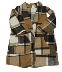 Hnedo-čierno-biely kockovaný úpletový cardigan Shein