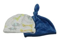 2x čepice - modrá sametová + bílá se zvířátky 