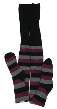 Černo-šedo-vínové pruhované punčocháče Pepperts