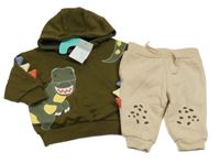 Nové - 2 set - khaki mikina s dinem a kapucí + smetanové tepláky Primark