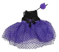 Nové - 3set - Fialová tylová sukně se srdíčky + černá maska - kočička + hůlka 