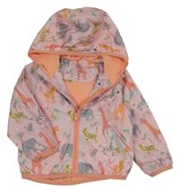 Svetloružová šušťáková jarná bunda so zvieratkami a kapucňou