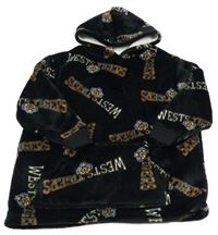 Černá plyšová oversize mikina s nápisy a kapucí 