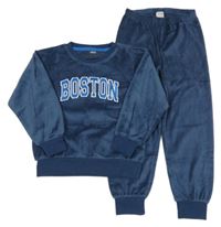 2set - Tmavomodrá sametová mikina s nápisem + tepláky Zeeman 