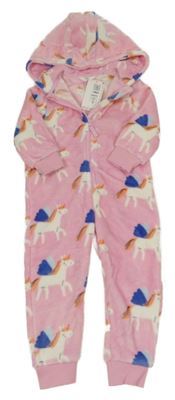 Nové - ružová plyšová kombinéza s jednorožcami a kapucňou M&S