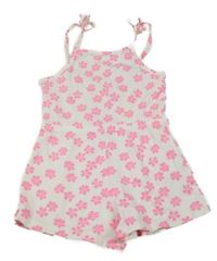 Bielo-neónově ružový kvetovaný rebrovaný kraťasový overal Primark