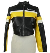 Dámská černo-žlutá crop koženková bunda s pruhy Bershka 