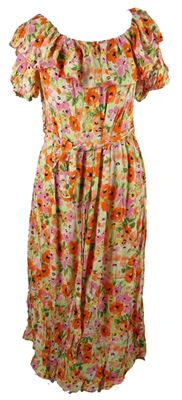 Dámské barevné kytičkované midi šaty s volánem a páskem F&F