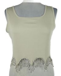 Dámský béžový žebrovaný crop top s kamínkovými třásněmi