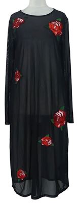 Dámske čierne tylové šaty s kvetmi H&M