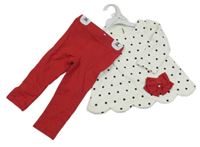 Nové - 2set- biela bodkovaná á tunika s kočkou+ červené tregíny