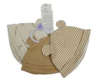 Nové - 3x bavlněná čepice béžová, pruhovaná, se zvířátky F&F