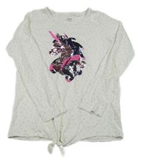 Biele bodkovaná é tričko s jednorožcem z flitrů Yigga