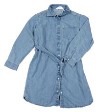 Modré rifľové košeľové šaty s opaskom H&M