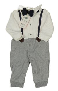 Nové - Bílo-šedý overal s tištěnými kšandami a motýlkem PatPat