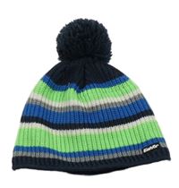 Zeleno-bílo-tmavomodrá pruhovaná čepice s bambulí 
