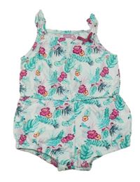 Bílo-tyrkysový kraťasový overal s listy a papoušky Dopodopo