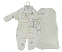 Nové - 5set - Bílo-barevné pruhované body + bílý overal + slinták + čepice + rukavice