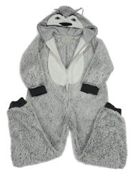 Svetlošedá -biela chlpatá kombinéza s kapucí - vlk John Lewis