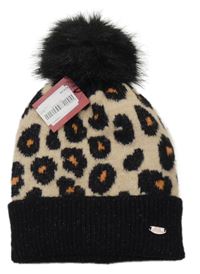 Nové - Černo-béžová leopardí čepice s bambulí 