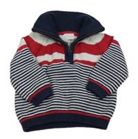 Tmavomodro-bielo-červený pruhovaný sveter so stojačikom