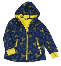 Tmavomodro-žltá softshellová bunda s bagrami a kapucňou Kiki&Koko