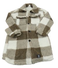 Hnědo-bílá kostkovaná huňatá košilová bunda Shein