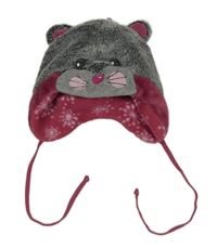 Šedo-růžová kožešinová podšitá ušanka s myškou 