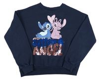 Tmavomodrá crop oversize mikina so Stitchem a flitrami Disney